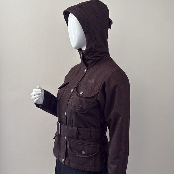 The North Face Primaloft Tweed Herringbone Brown Belted Coat w Zip Off Hood - Picture 6 of 14